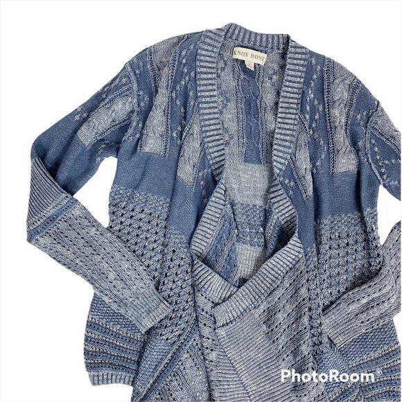 KNOX ROSE Open Weave Blue Draped Waterfall Front Cardigan Hi-low Small - Picture 2 of 8